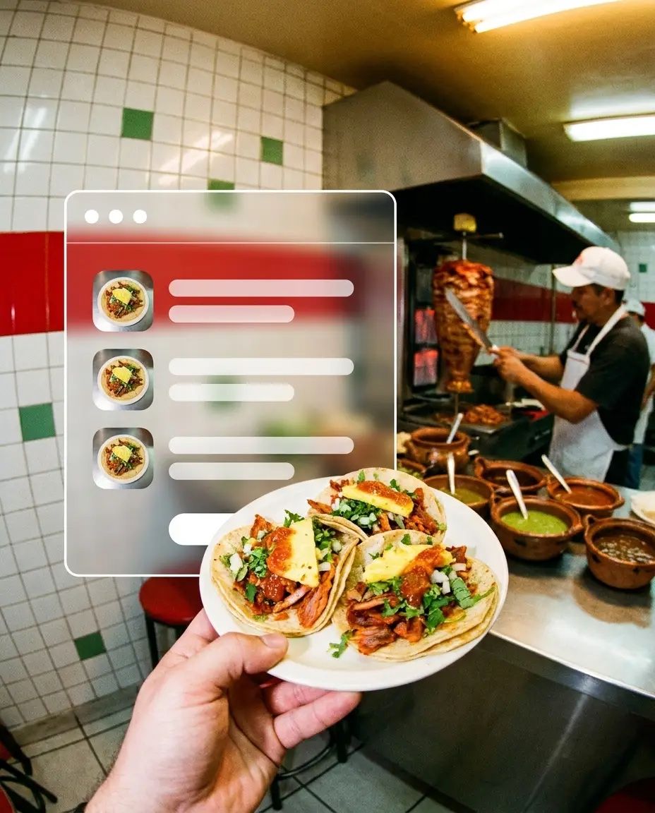 Plato de tacos al pastor en una taquería con azulejo blanco y trompo, junto a una ventana para pedir en línea
